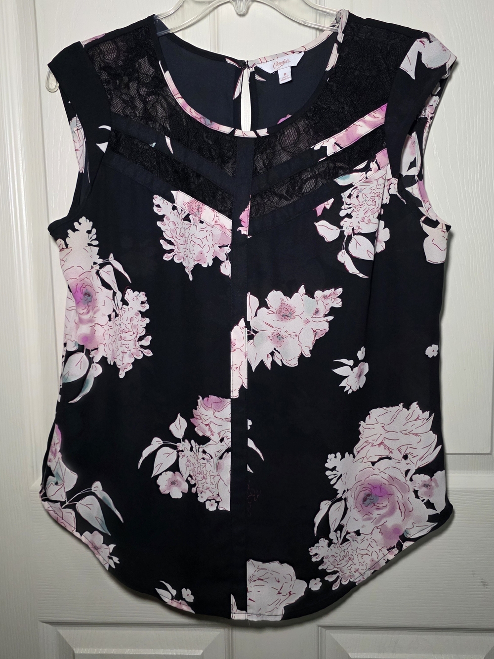 Candie's Black Sleeveless Floral Lace Yoke Blouse